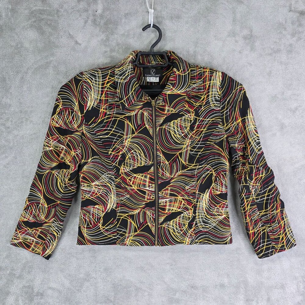 Womens Lorizoni Abstract Print Cropped Silk Jacket Zip 3/4 Sleeves Size S